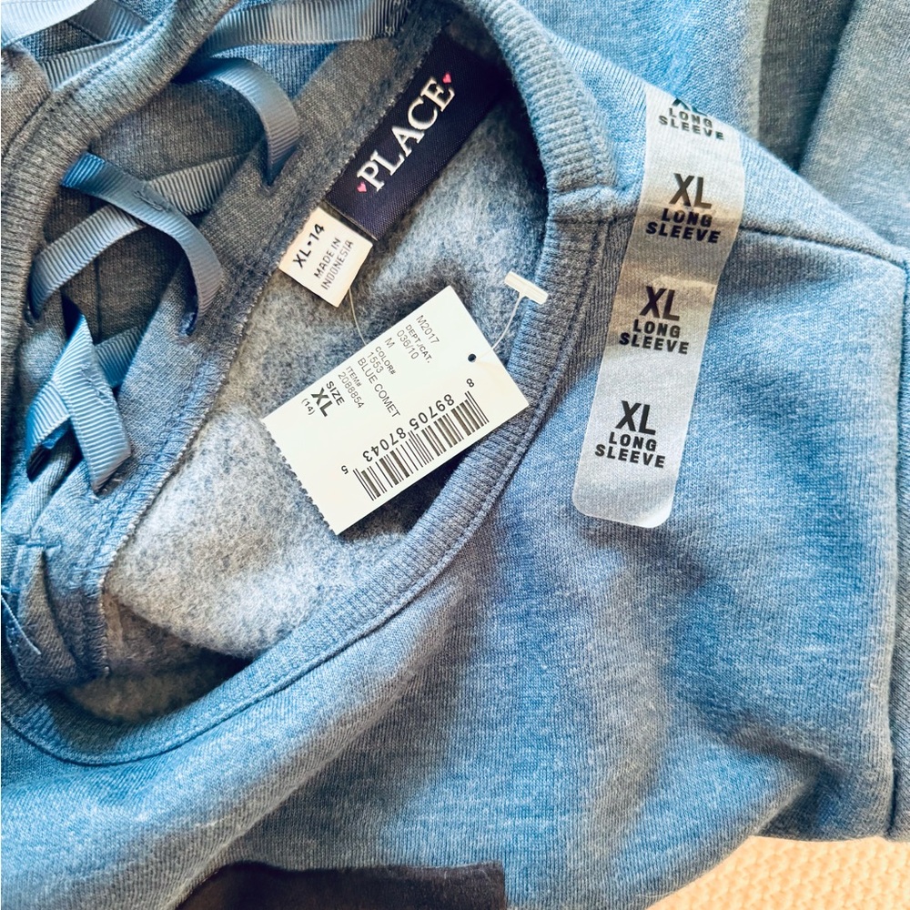 PLACE Girls Blue Sweatshirt w Velvet 'Smart Girls Rule' Graphic & Lace-Up Back - Picture 10 of 12